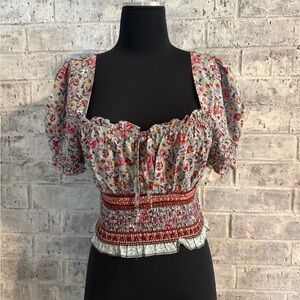 miami Floral Smocked Crop Top - Light Blue with Pink/Red Accents